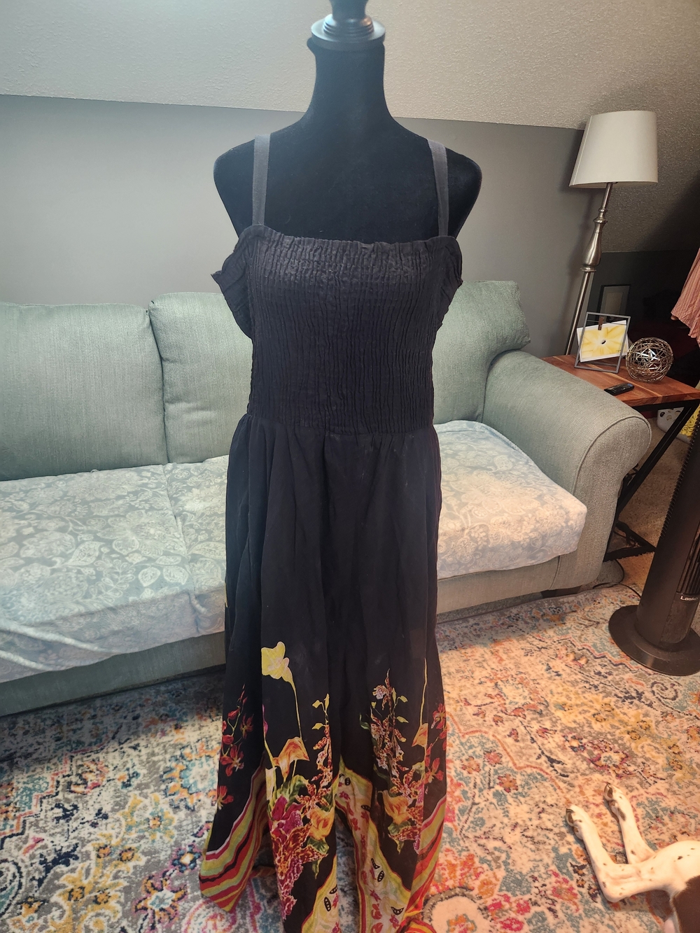 Soft Surroundings Black Maxi Dress with Floral Border Hankerchief Hem XL Boho